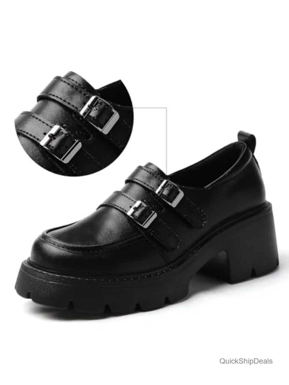 Women's Chunky Platform Loafers Double Buckle Monk Strap Slip On Lug Sole